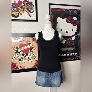 Black Cami Tank Top with Scalloped Lace Trim